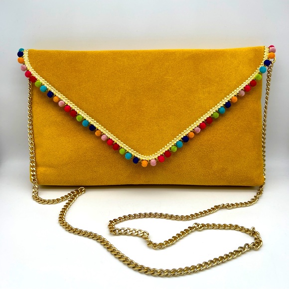 EXUMA / ANTHRO Leather Convertible Envelope Clutch - Yellow w Colorful Mini Poms - Picture 2 of 6